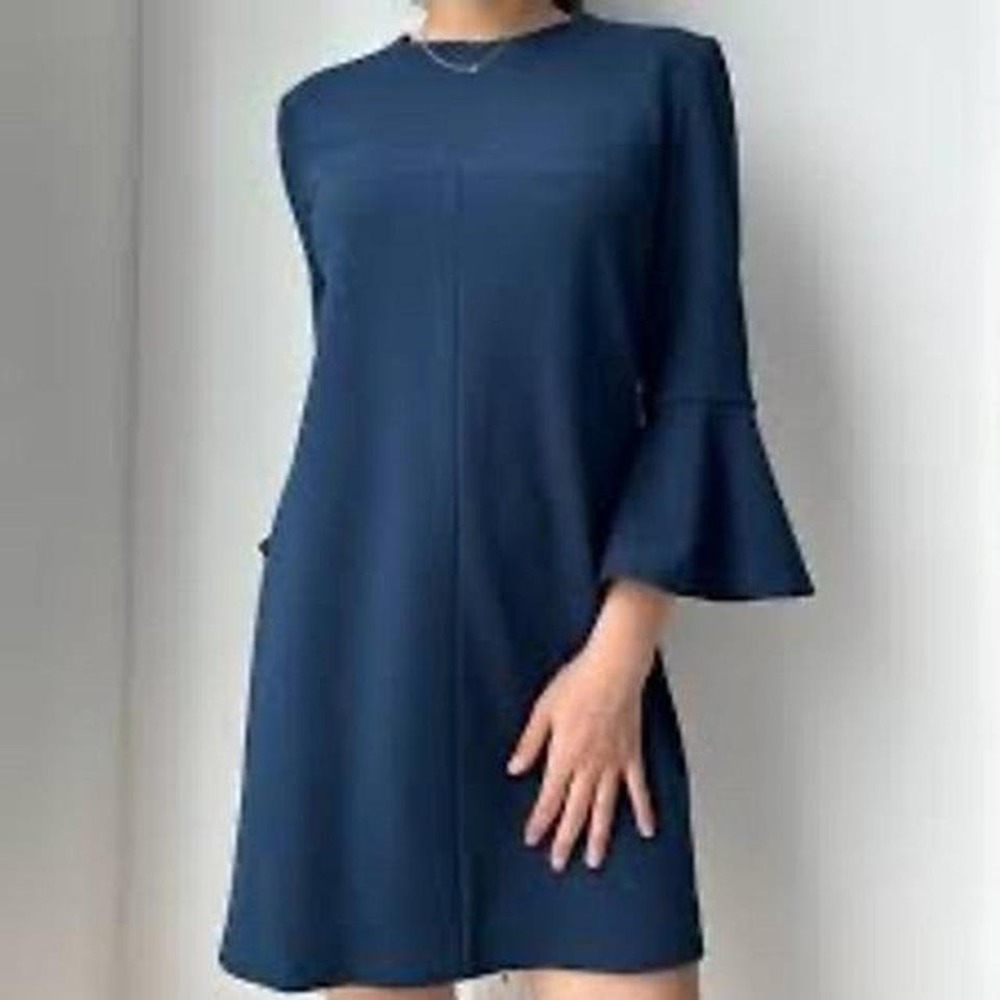 Tibi Womens Solid Midnight Navy Blue Bell Sleeve Shift Dress 8 revolve NWT